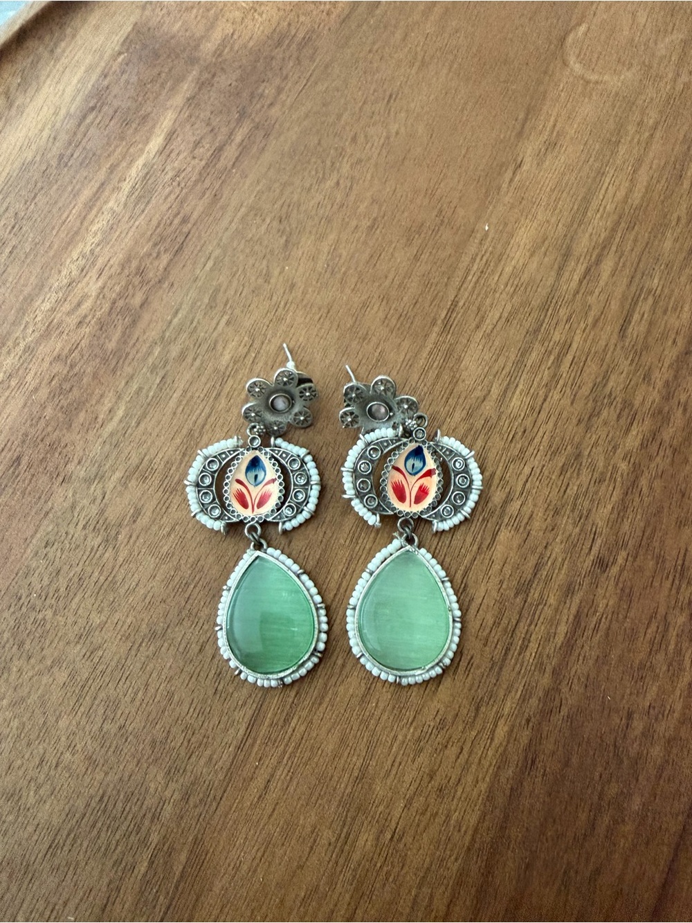 Silver-Tone Green Teardrop Dangle Earrings with Floral Enamel Accent